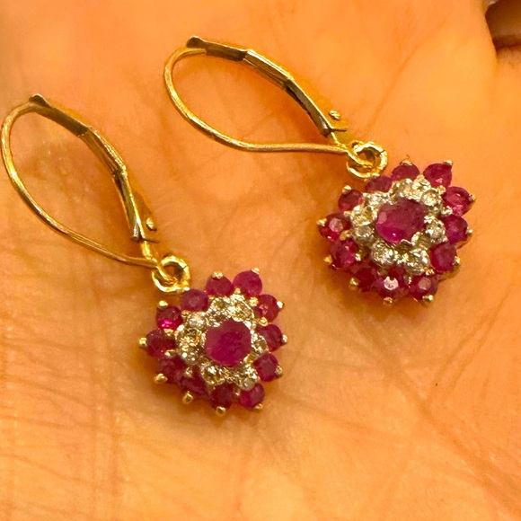 14K Solid Real Gold NATURAL Ruby & Diamond long dangle earrings sparkly! - Picture 5 of 12